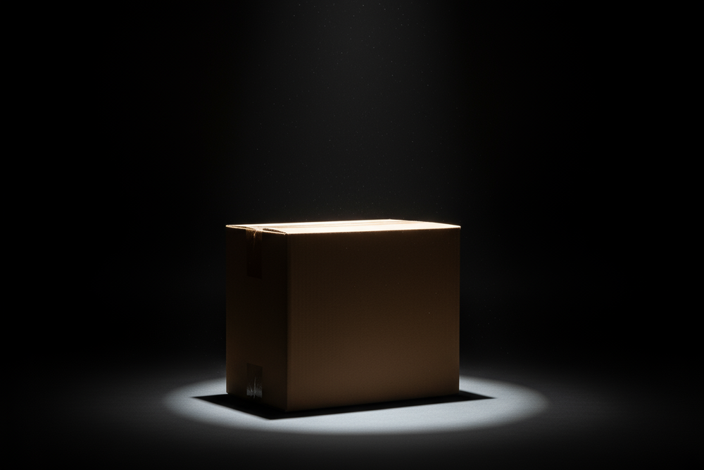Cardboard box in spotlight