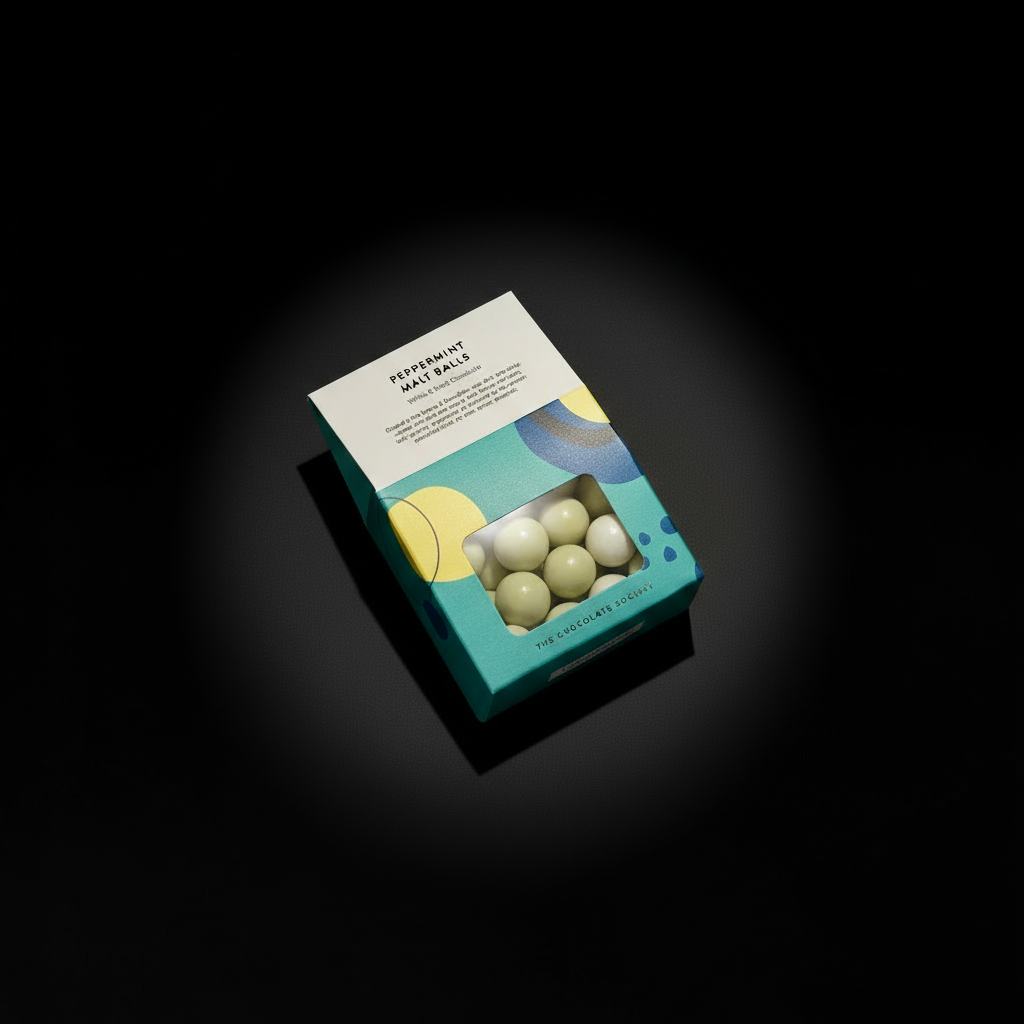 Centred unopened Peppermint Malt Balls in spotlight