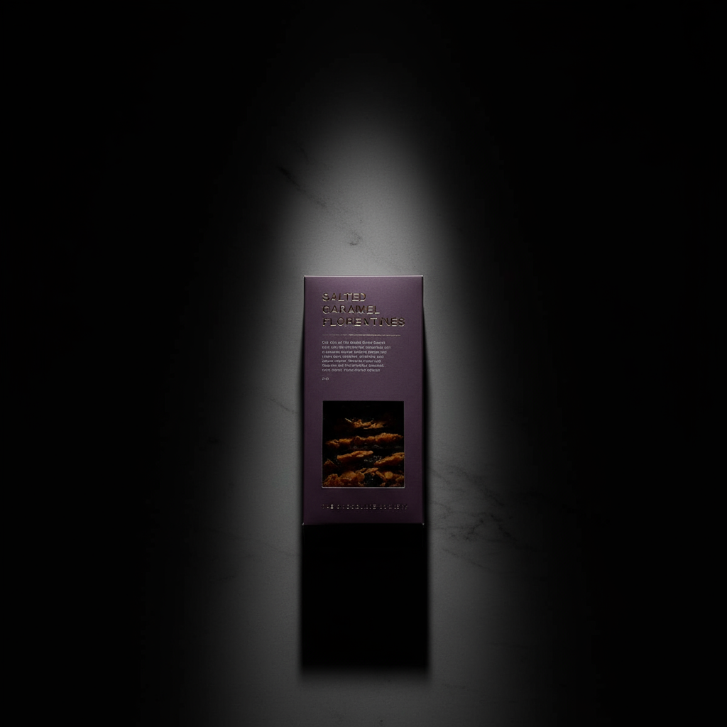 Centred unopened Salted Caramel Florentines in spotlight